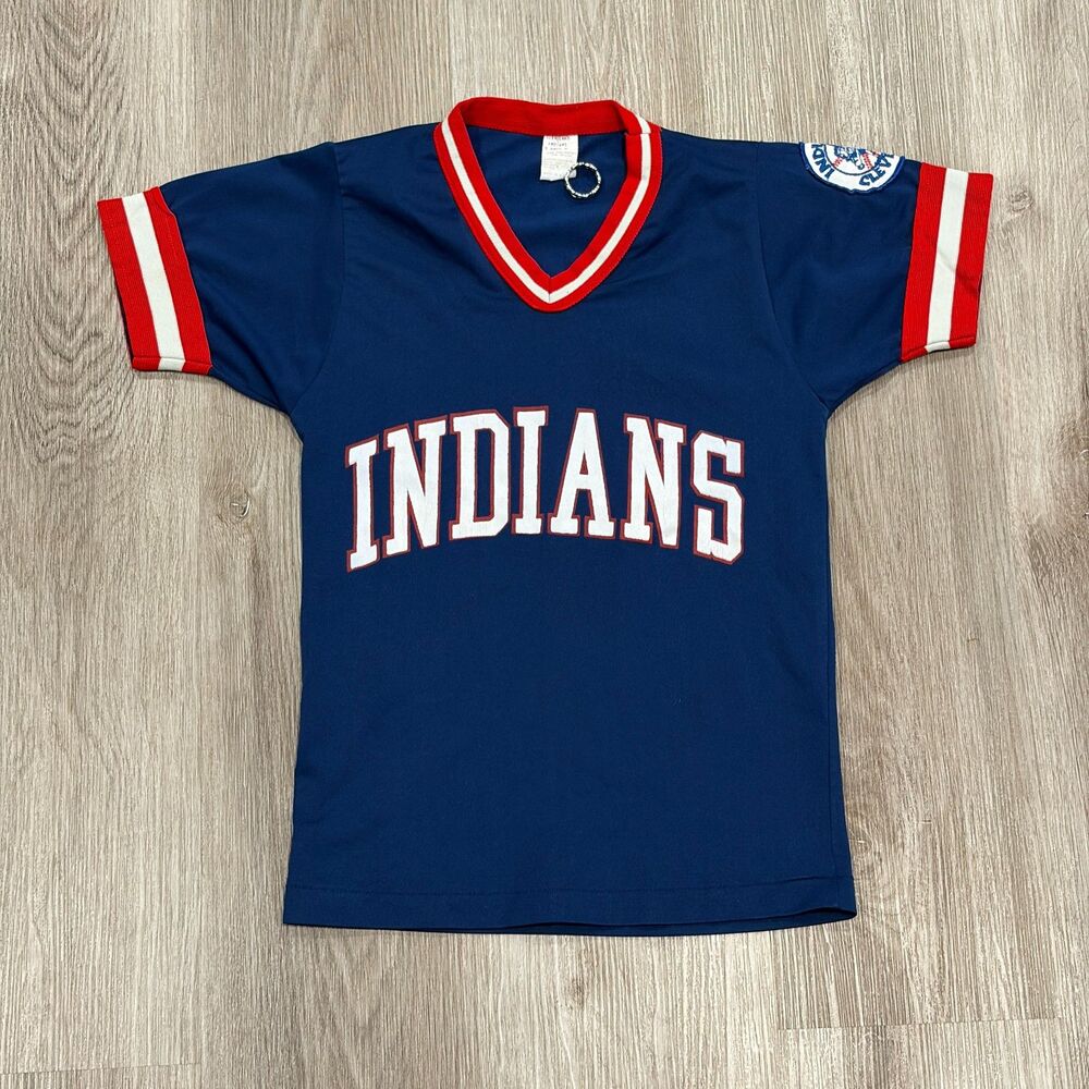 Vintage 70s Cleveland Indians Guardians V-Neck Jersey Youth Size Medium Blue Red